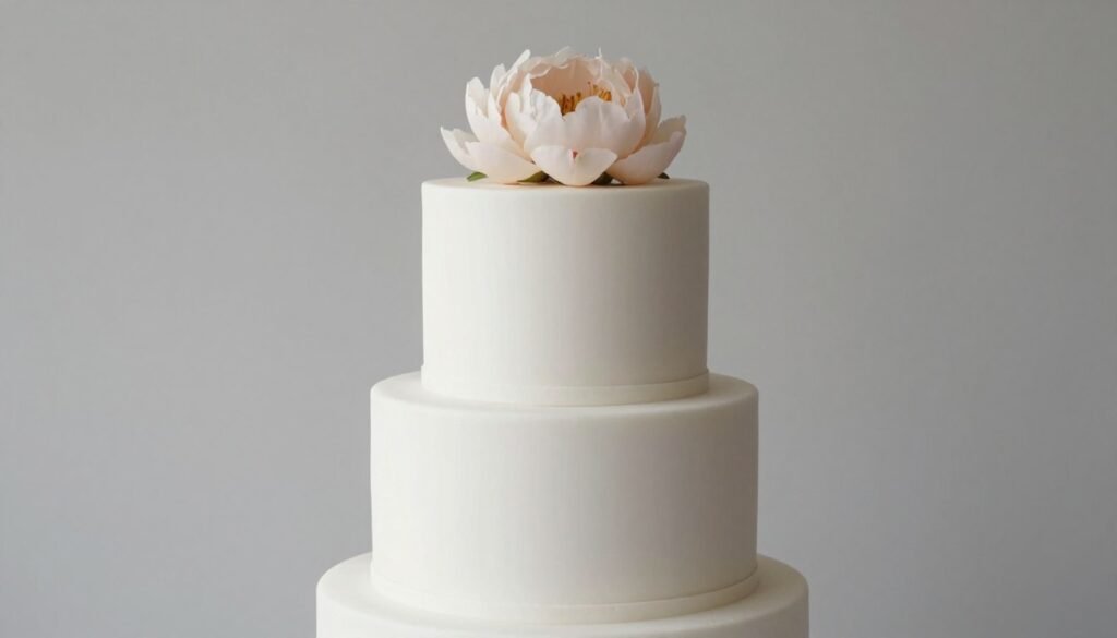 Minimalist white wedding cake with single large peony