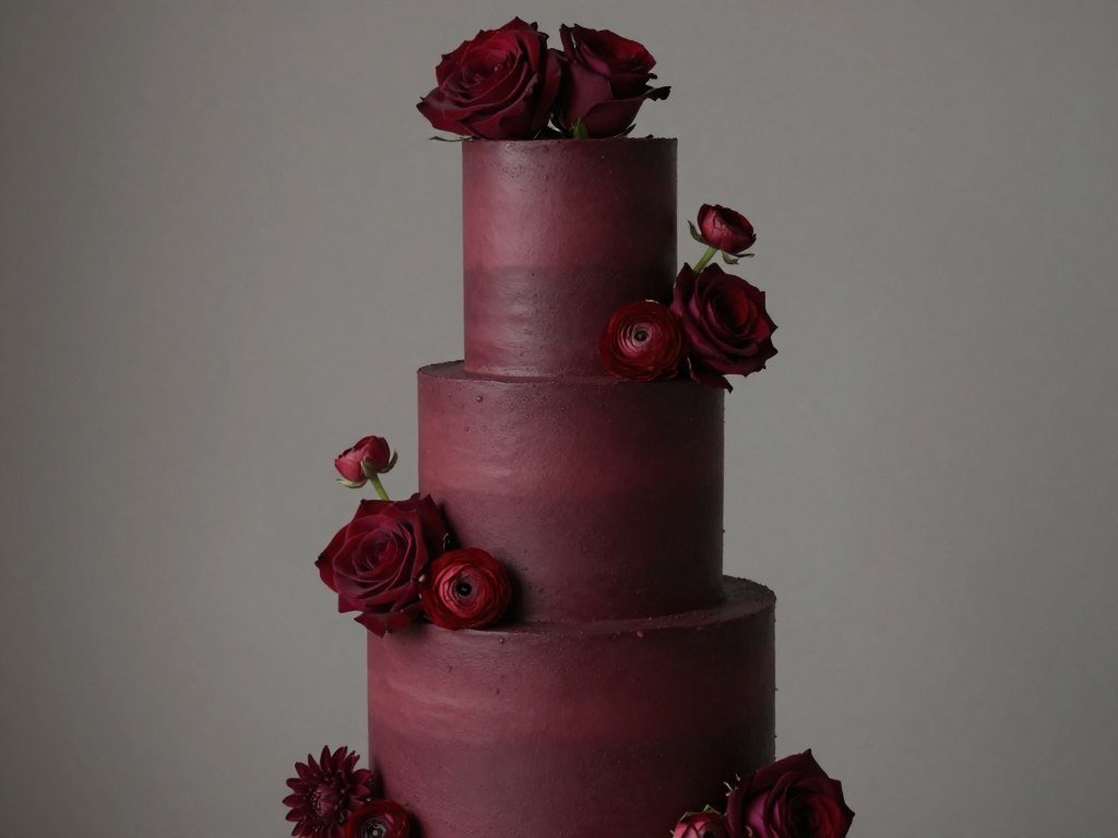 Monochrome burgundy wedding cake with real flowers