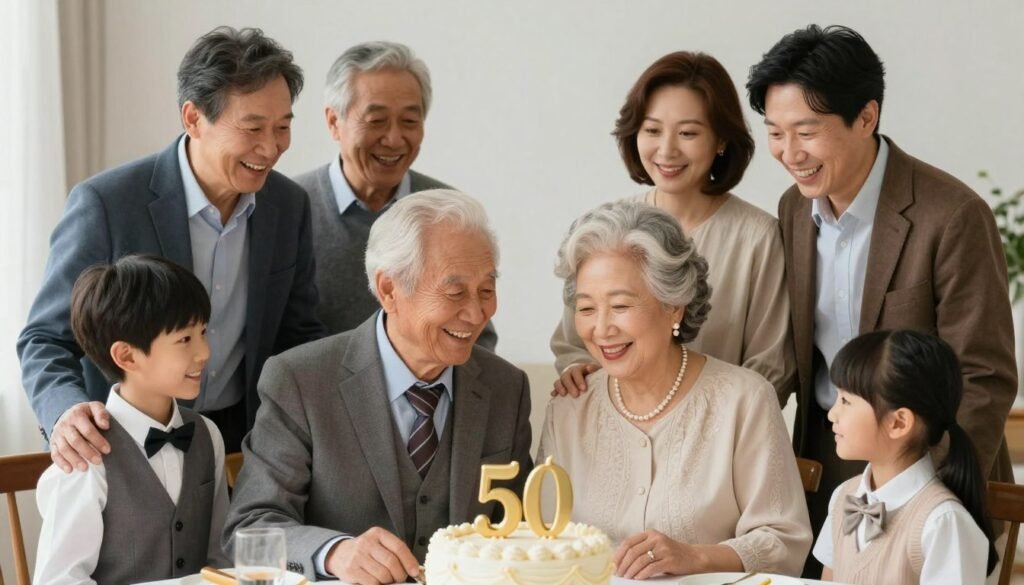 Multi-generation family gathered celebrating parents' golden anniversary