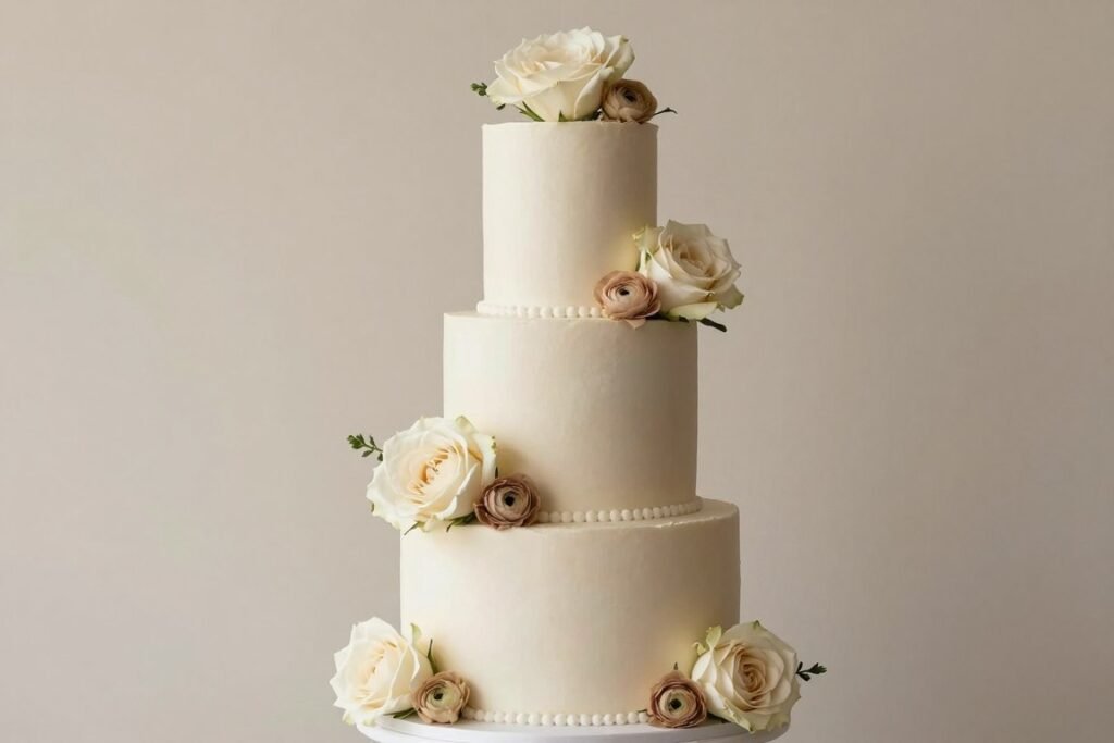 Neutral beige and ivory wedding cake with real flowers