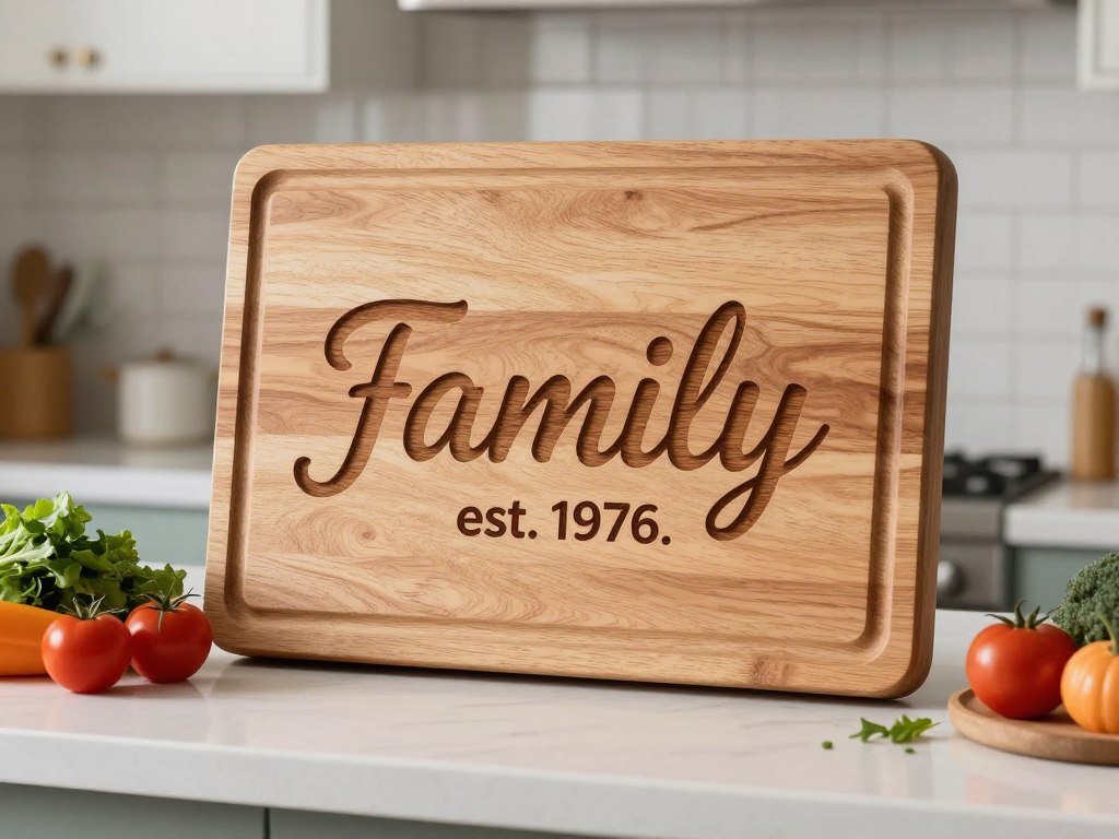 Premium wooden cutting board with engraved family name and anniversary date