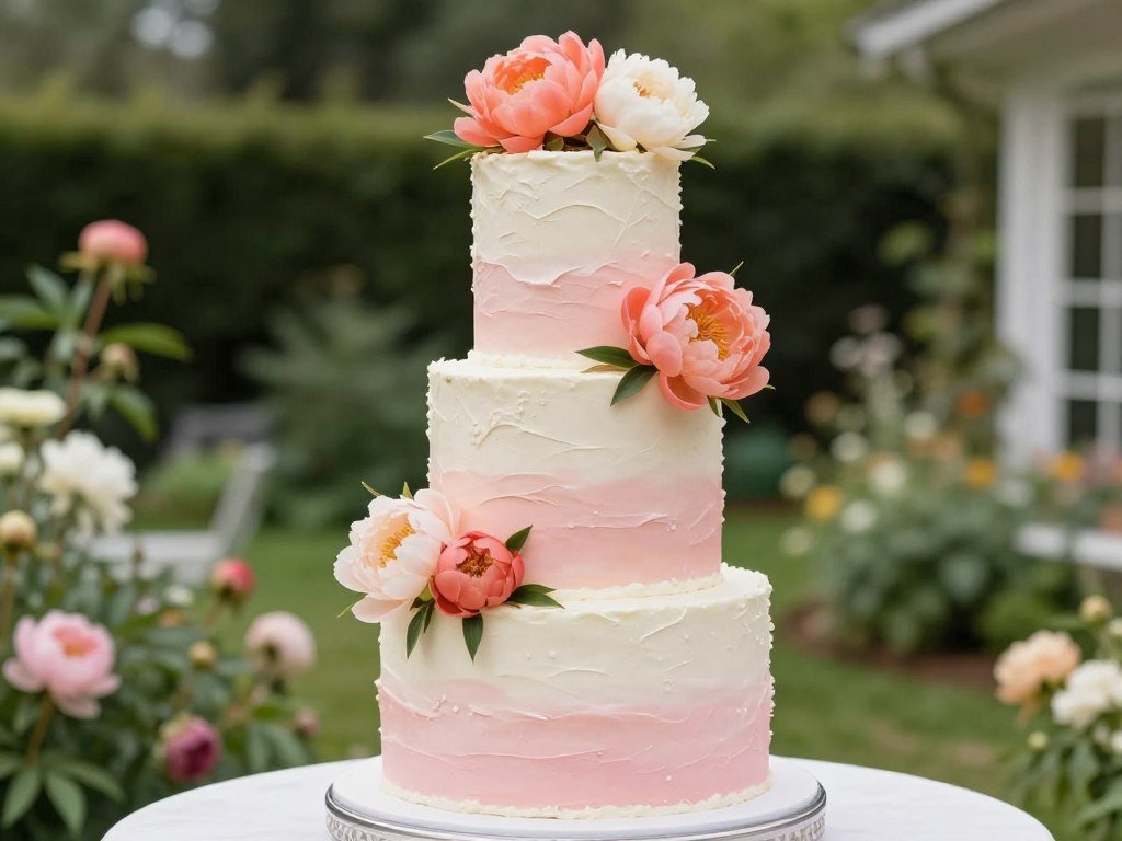 Romantic blush pink wedding cake with real peonies
