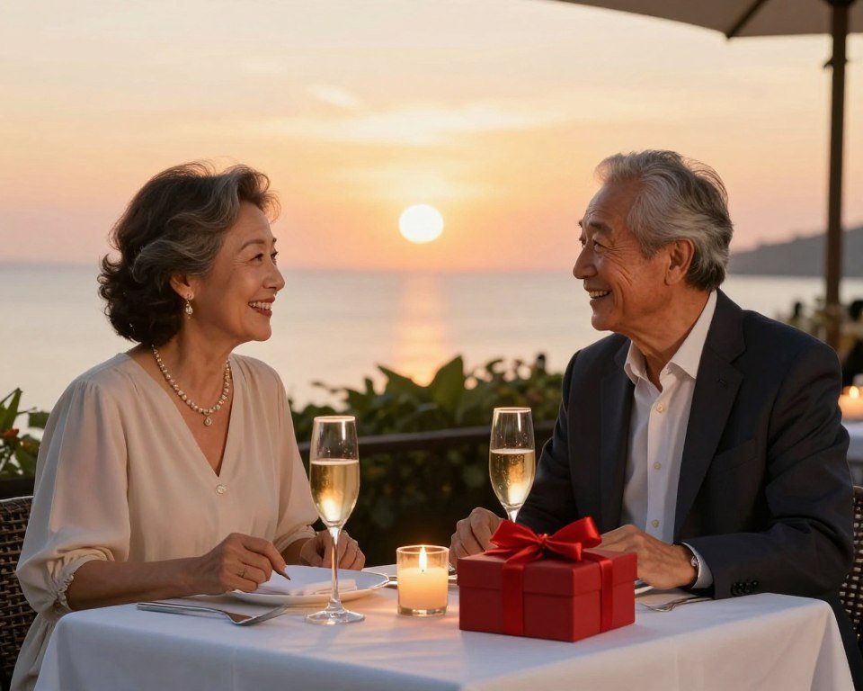 Romantic couple enjoying sunset dinner experience on their anniversary
