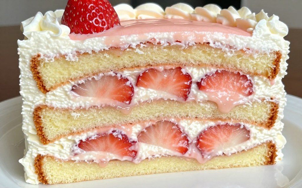 Sliced berry cake showing internal layers and filling