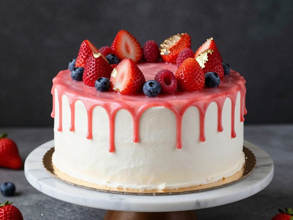 Strawberry drip cake with fresh berries on top