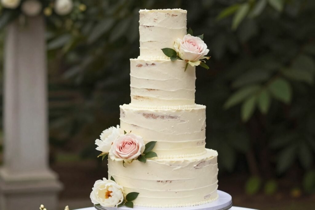 Textured buttercream wedding cake with luxury real flowers