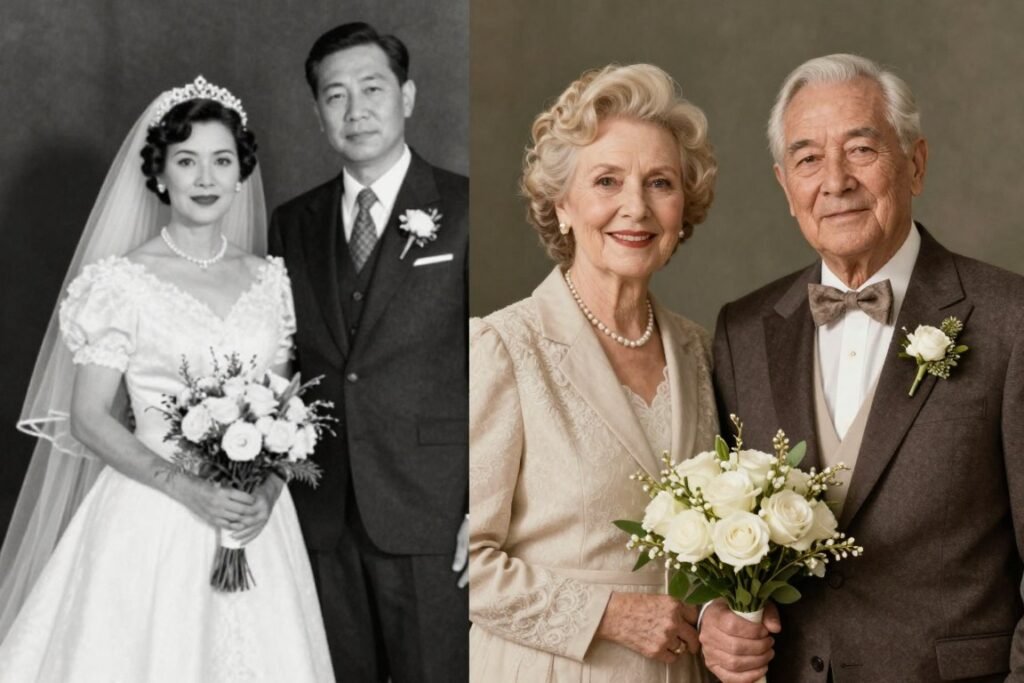 Vintage photo of couple on their wedding day next to current photo celebrating 50 years