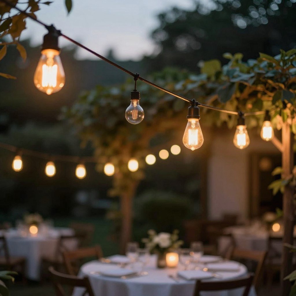 Warm vintage Edison bulb string lights over outdoor dining area