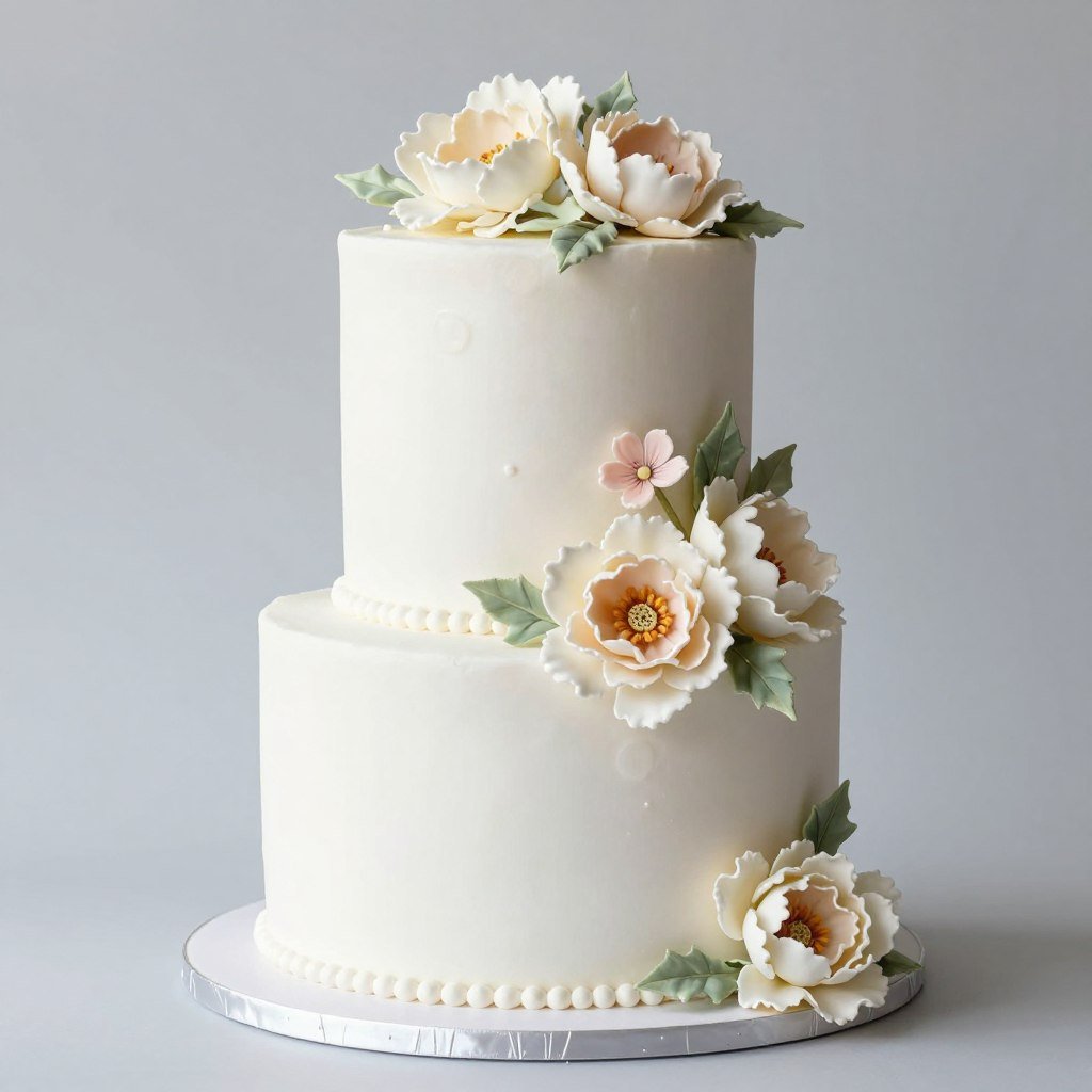 Wedding cake decorated with sugar flowers as alternative to real blooms