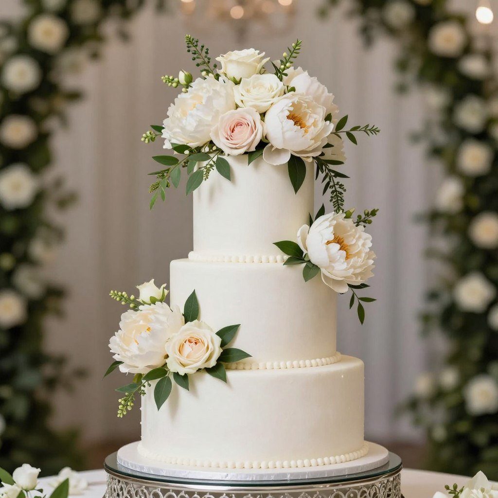 Wedding cake with dramatic large floral topper arrangement