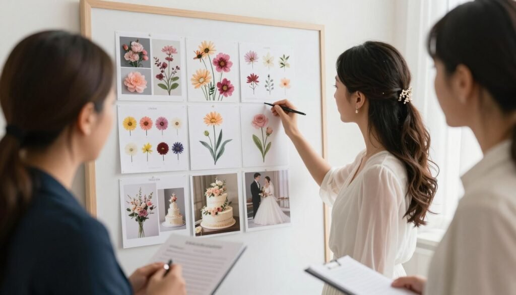 Wedding planning consultation discussing floral cake designs