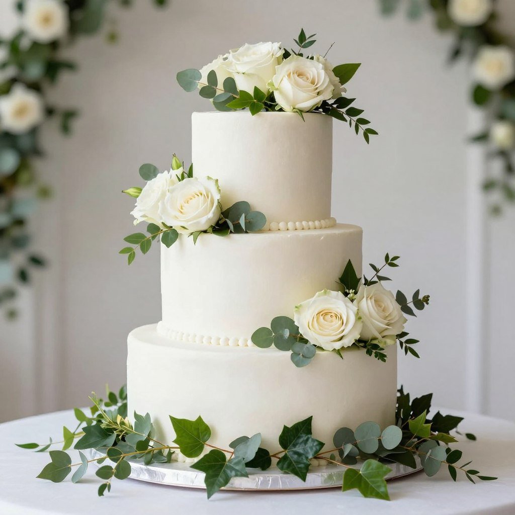 White and green wedding cake color palette with real flowers