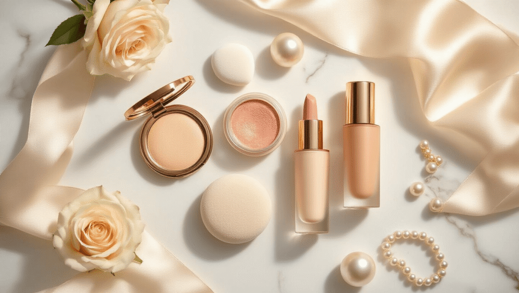 Luminous bridal makeup flatlay on white marble, featuring cream products like bronzer, highlighter, blush, and foundation, artfully arranged with silk ribbon, ivory roses, and pearl accessories, all illuminated by warm golden hour lighting.