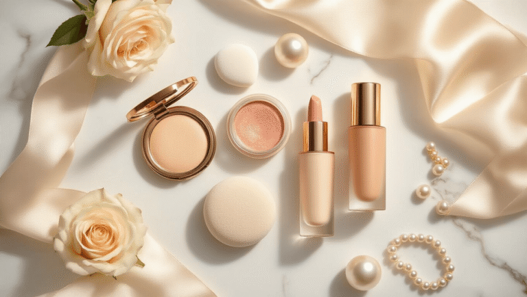 Luminous bridal makeup flatlay on white marble, featuring cream products like bronzer, highlighter, blush, and foundation, artfully arranged with silk ribbon, ivory roses, and pearl accessories, all illuminated by warm golden hour lighting.