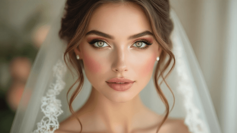 Close-up portrait of a bride with green eyes, featuring warm copper and gold eyeshadow, rose gold shimmer, feathered lashes, glowing skin, and nude pink lips, set against a soft-focus white background with a warm glow and ethereal mood.
