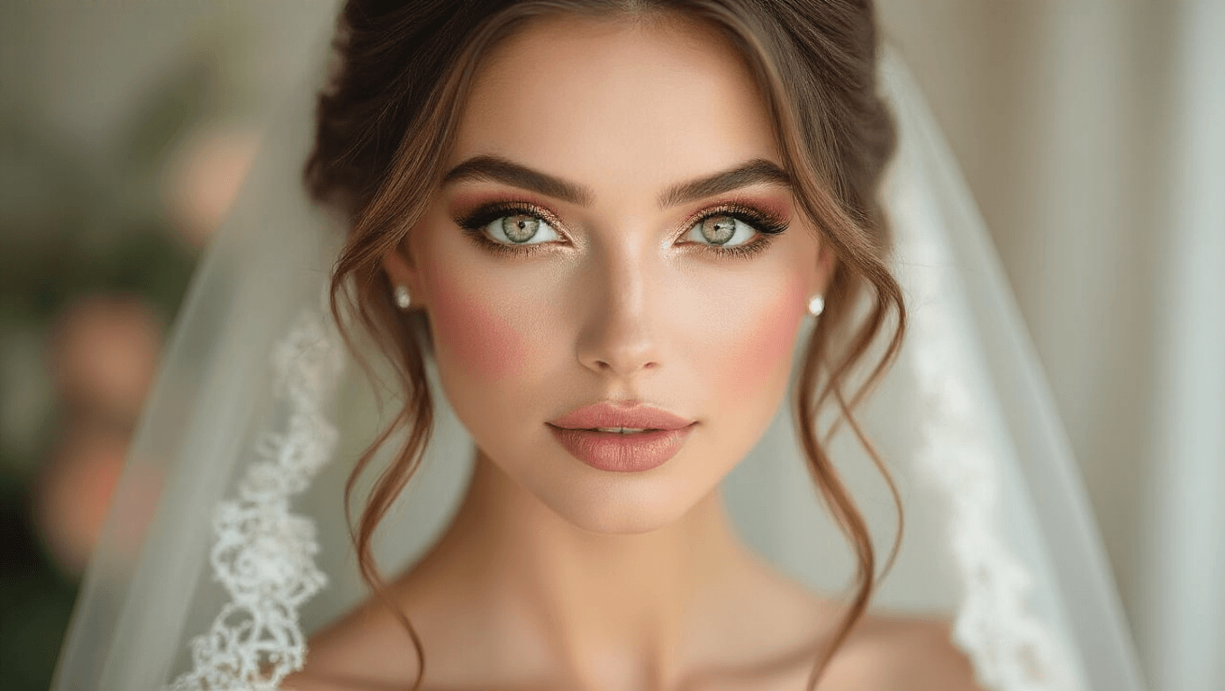 Close-up portrait of a bride with green eyes, featuring warm copper and gold eyeshadow, rose gold shimmer, feathered lashes, glowing skin, and nude pink lips, set against a soft-focus white background with a warm glow and ethereal mood.