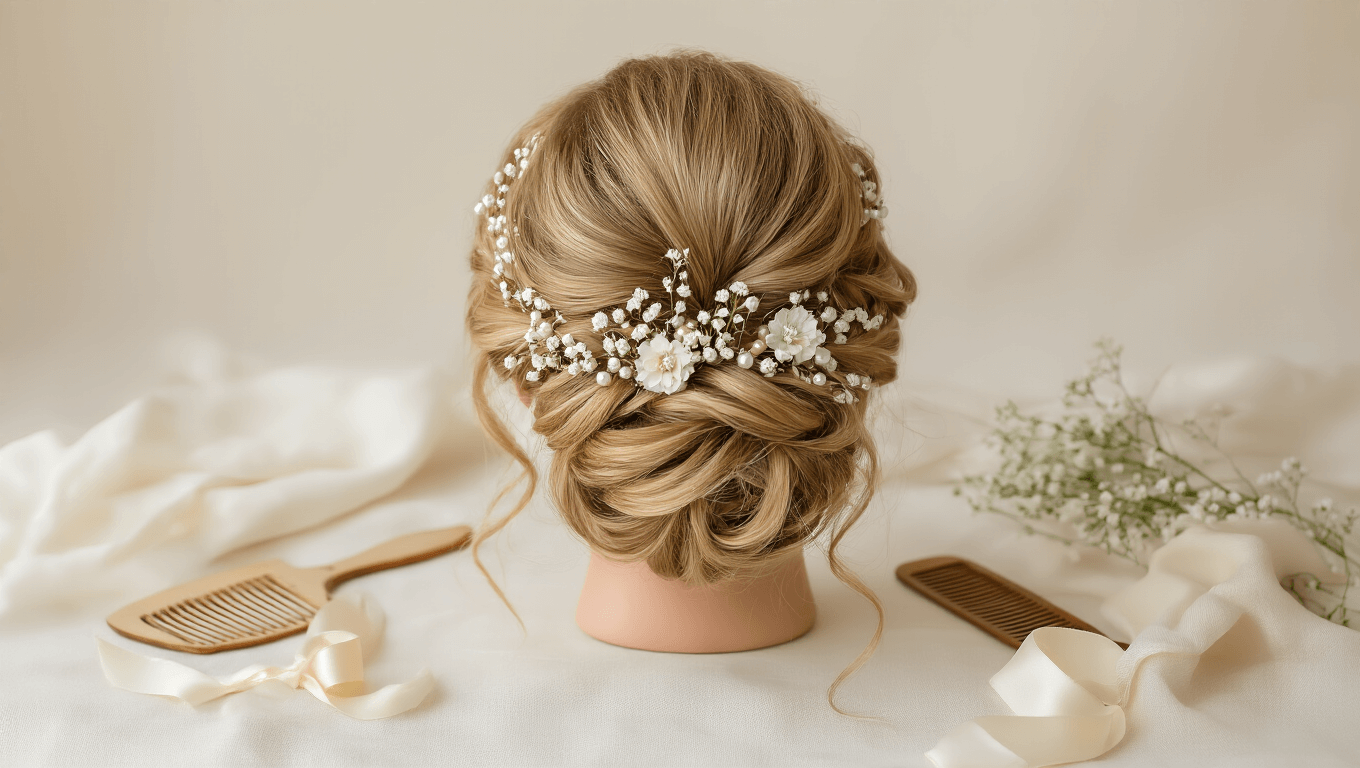 A serene bridal updo adorned with pearls and white flowers, set against a clean ivory background, showcasing cascading blonde curls and vintage styling tools.