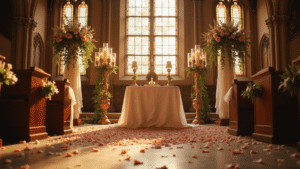 Cinematic wide-angle view of a church wedding altar adorned with blush roses and eucalyptus under stained glass windows, featuring flickering candles and intricate Gothic architecture, bathed in warm golden hour light.