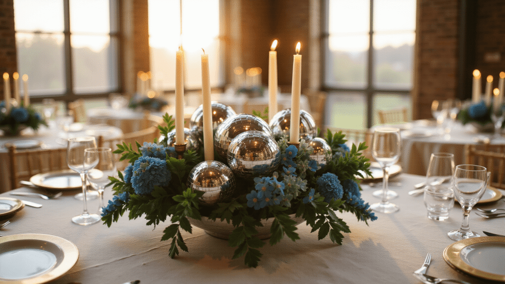 Elegant wedding tablescape with mini disco balls, ivory candles, and lush jewel-tone florals, captured in golden hour light with reflections and warm ambiance.