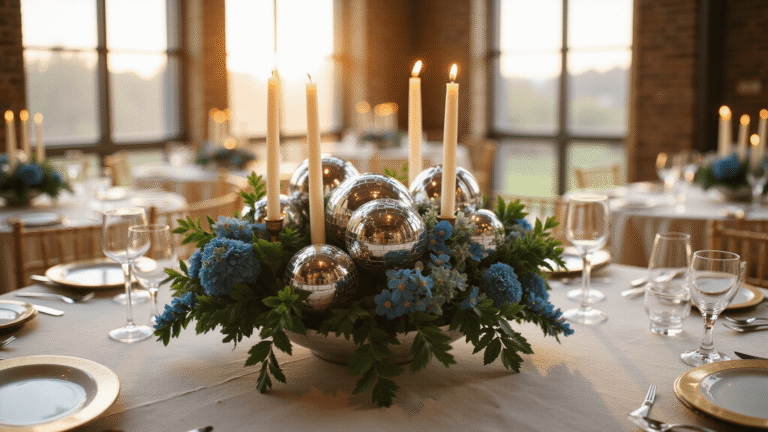 Elegant wedding tablescape with mini disco balls, ivory candles, and lush jewel-tone florals, captured in golden hour light with reflections and warm ambiance.
