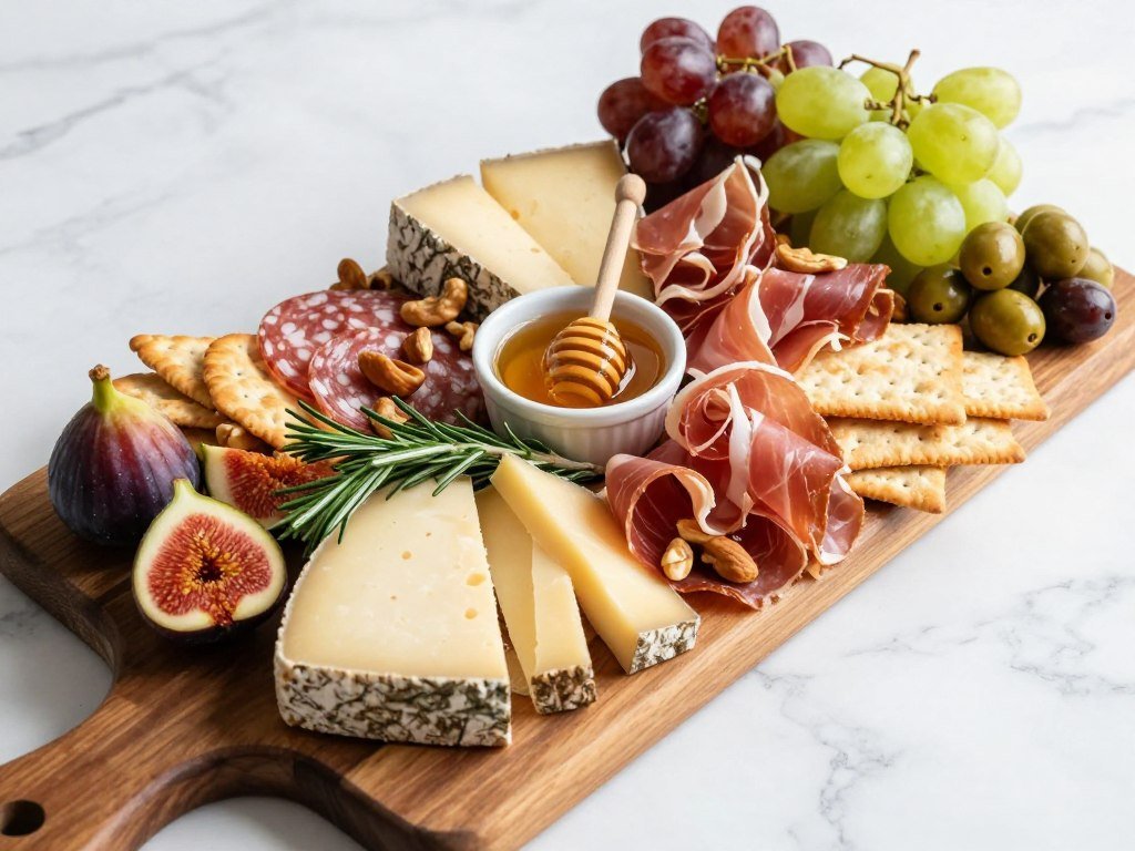 elegant birthday dinner appetizer spread with charcuterie board