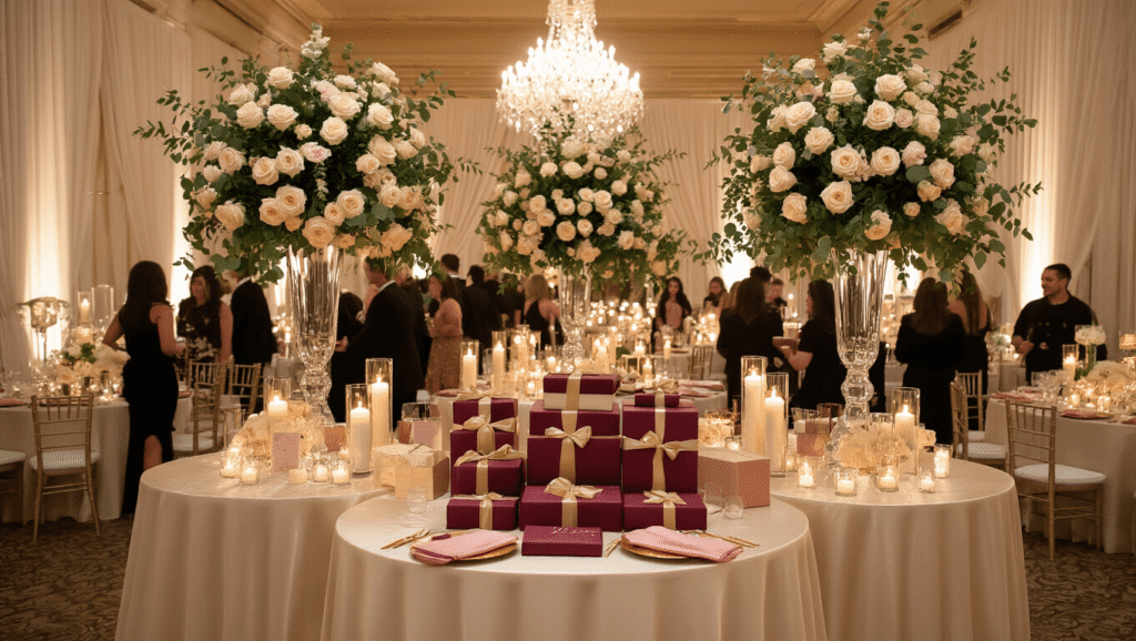 Elegant ballroom during golden hour, featuring round tables with ivory silk linens, blush napkins, and cream rose arrangements, an ornate gift exchange station with burgundy and gold wrapped presents, and guests in formal attire, all under warm golden lighting and sheer ivory drapery.