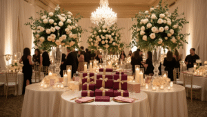 Elegant ballroom during golden hour, featuring round tables with ivory silk linens, blush napkins, and cream rose arrangements, an ornate gift exchange station with burgundy and gold wrapped presents, and guests in formal attire, all under warm golden lighting and sheer ivory drapery.