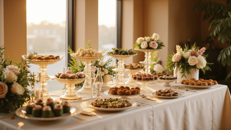 Elegant tiered wedding buffet display with crystal stands and ivory linens, featuring gourmet dishes at various heights, blush florals, and warm golden hour lighting.