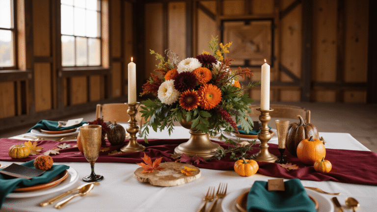 An elegant fall wedding tablescape in a rustic barn setting, featuring a burgundy silk table runner, a centerpiece of dahlias and pumpkins, warm candlelight, and rich autumn colors.