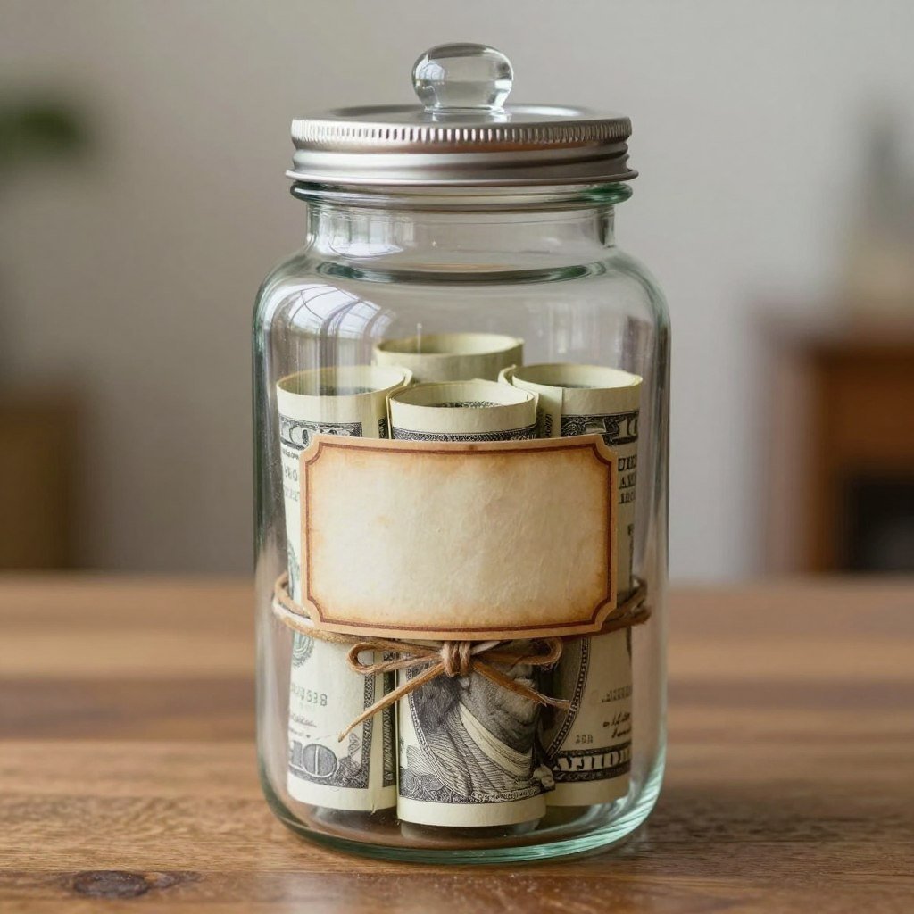 glass apothecary jar filled with rolled money