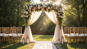 Cinematic outdoor wedding ceremony at golden hour featuring a romantic floral arch adorned with white peonies and garden roses, ivory draping, chiavari chairs, and a petal-strewn aisle, all bathed in soft dappled sunlight.