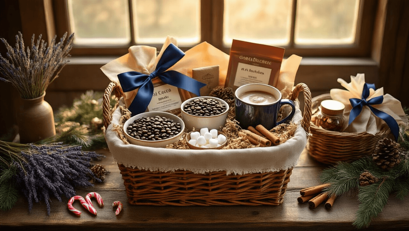 Overhead shot of an elegant holiday gift basket styling station on a rustic wood table, featuring wicker baskets filled with coffee beans, vintage mugs, hot cocoa packets, lavender oils, and festive decorations, illuminated by warm sunlight and surrounded by cozy fairy lights.