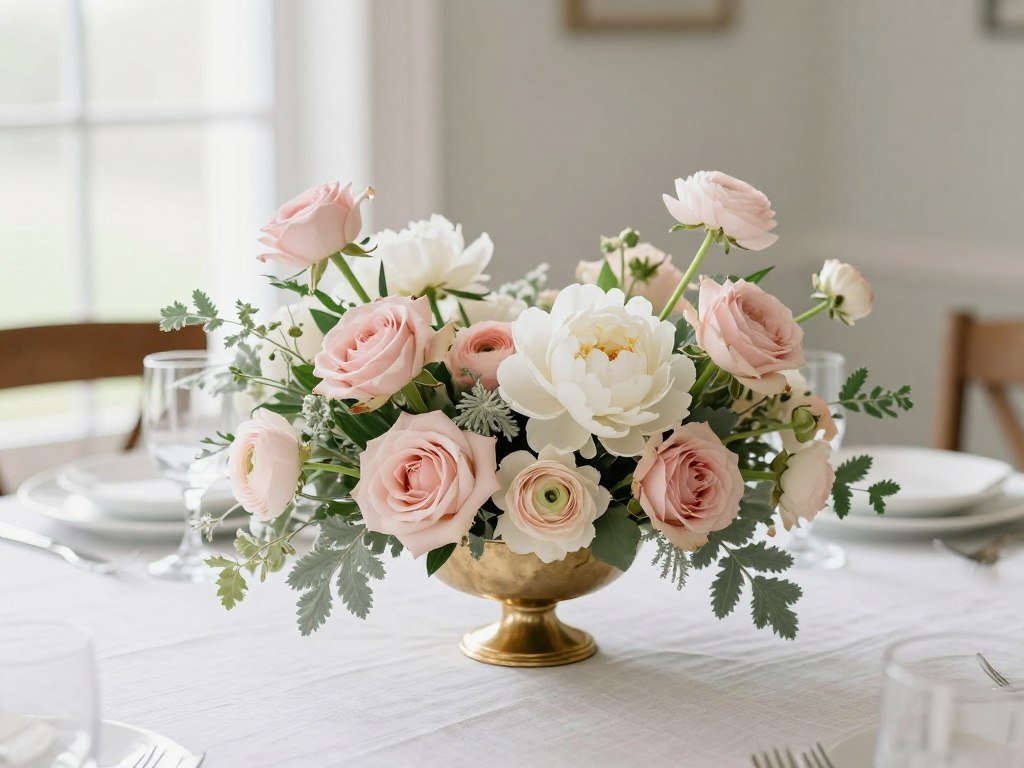 luxury birthday dinner centerpiece with soft romantic flowers in blush tones