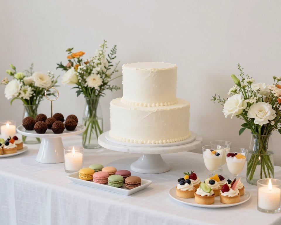 luxury birthday dinner dessert table with elegant cake centerpiece