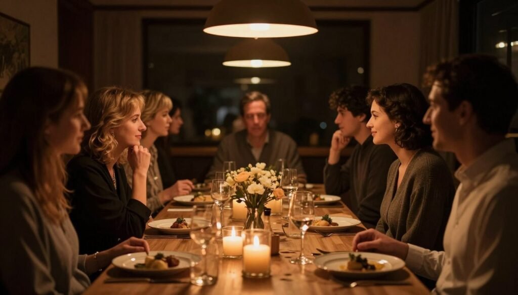 luxury birthday dinner party with dimmed atmospheric lighting