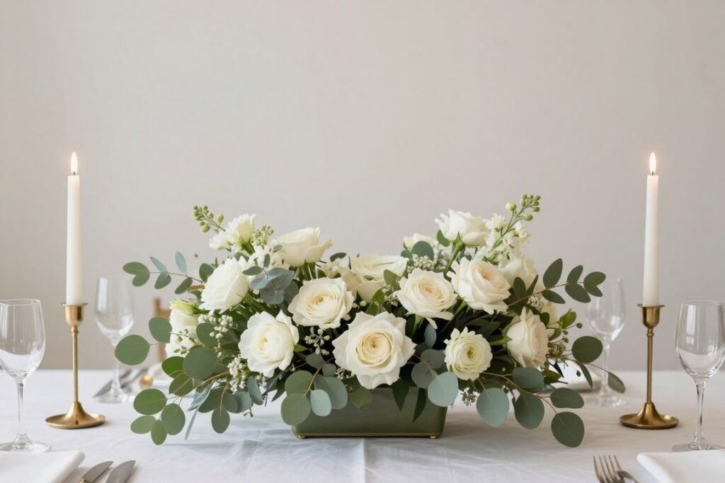 luxury birthday dinner table centerpiece with low floral arrangement