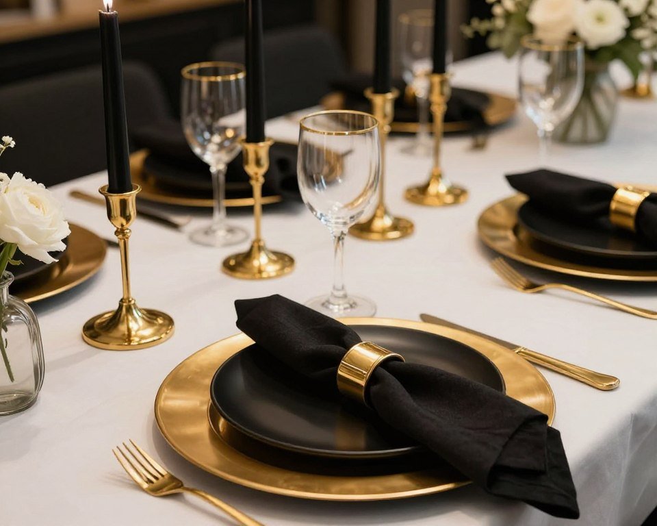 luxury birthday dinner table in black and gold color palette