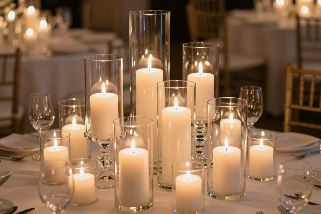 luxury birthday dinner with candles in hurricane glasses creating elegant glow