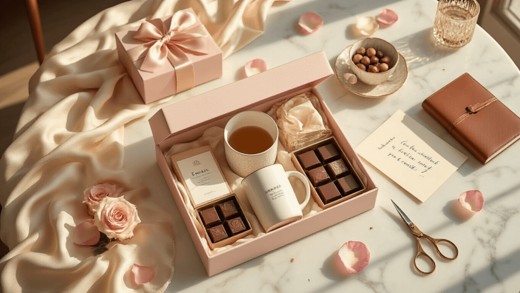 Elegant overhead view of a luxury gift box curation on a marble surface, featuring Ember mugs, chocolates, journals, and silk ribbons, illuminated by warm golden hour light, with a soft color palette of blush pink, ivory, and gold accents.