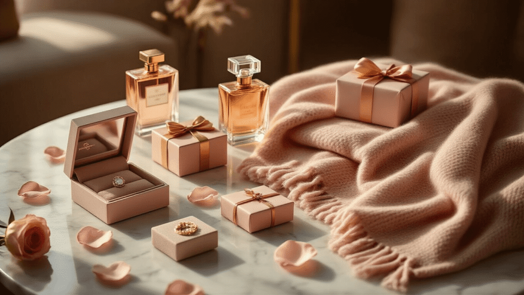 Elegant Valentine's Day gift arrangement on a marble surface, featuring minimalist jewelry boxes, a cashmere sweater, a luxury throw blanket, perfume bottles in golden hour light, and wrapped gifts in blush pink and champagne tones, highlighted by warm ambient lighting and scattered rose petals for a cozy romantic atmosphere.
