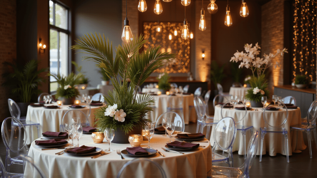A sophisticated modern wedding reception in a high-ceiling ballroom featuring transparent ghost chairs, round tables with cream silk linens, geometric centerpieces with deep emerald palm fronds and white orchids, warm Edison bulbs overhead, charcoal gray and copper flatware, stemless crystal glassware, and burgundy velvet napkins, all illuminated by strategic uplighting and ambient glow.