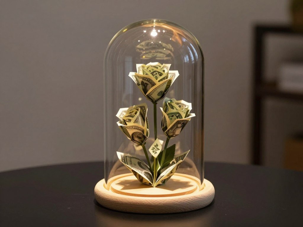money roses under glass dome display