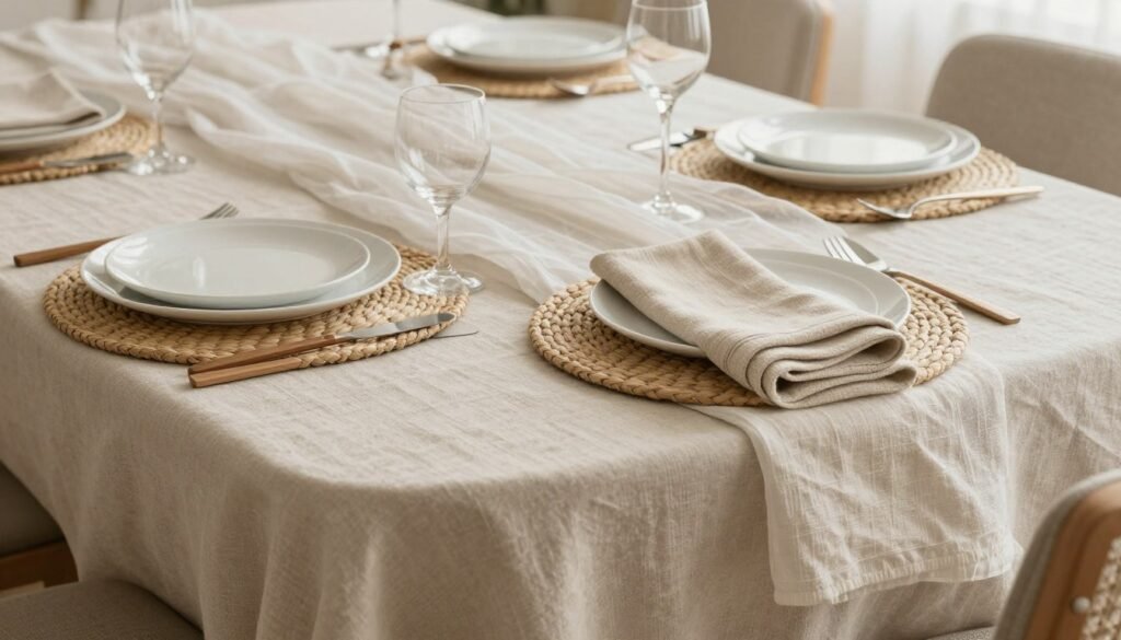 neutral linen luxury birthday dinner table with layered textures