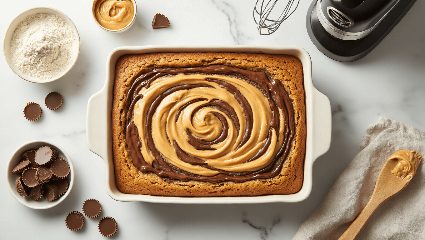 Cinematic overhead view of a golden-brown peanut butter cup cake in a baking dish on a marble countertop, surrounded by chopped Reese's cups, dollops of creamy peanut butter frosting, and chocolate syrup, with warm kitchen lighting and a cozy domestic atmosphere.