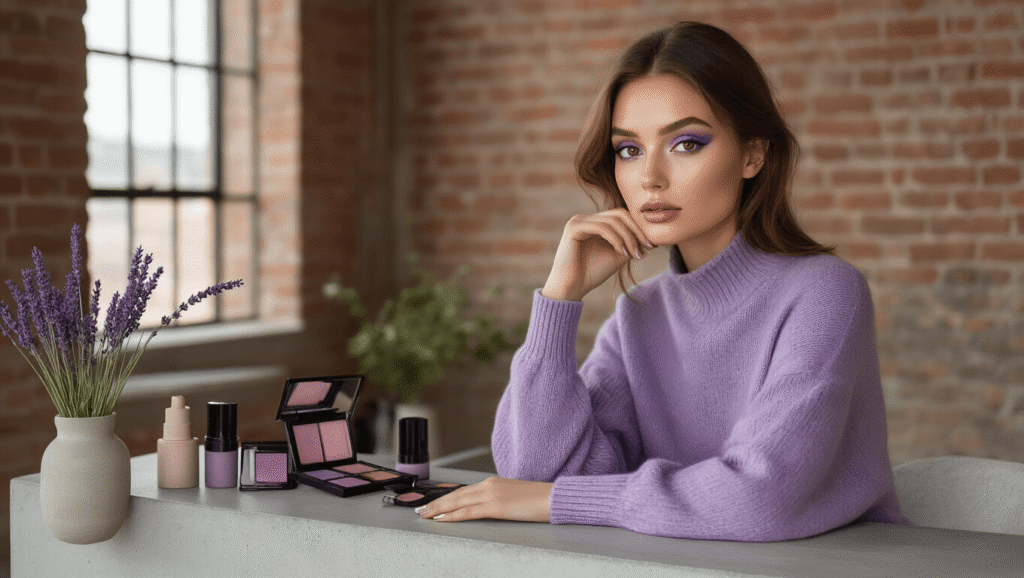 A beauty portrait of a model with brown eyes wearing subtle purple eyeshadow, seated at a modern concrete vanity in an urban loft with exposed brick, soft afternoon light, and minimalist decor featuring lavender sprigs.