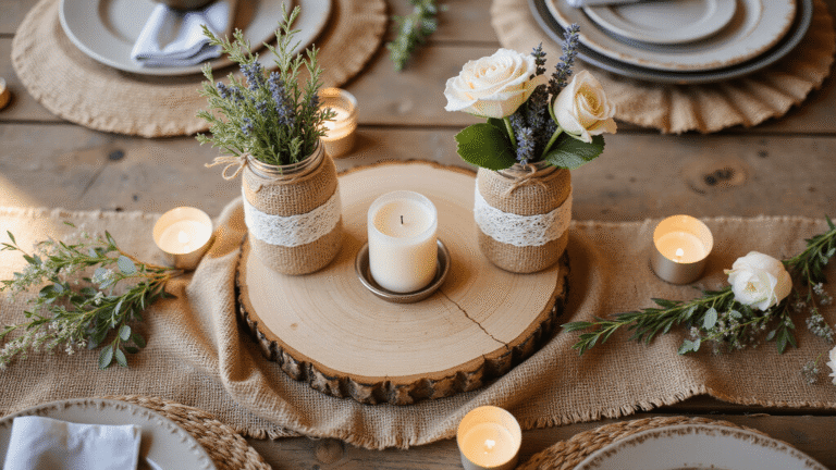 A rustic wedding table centerpiece featuring vintage mason jars with wildflowers, soft candles, and natural wood accents on a weathered barn wood surface, illuminated by golden hour light.