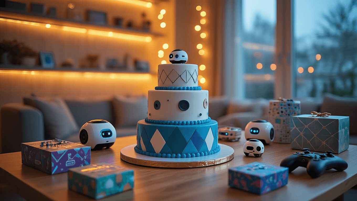 A modern birthday party for boys featuring Sphero Mini robots as centerpieces, Snap Circuits electronics kits on shelves, a tiered robot cake, and gaming controllers, all under warm golden lighting with soft bokeh from LED string lights.