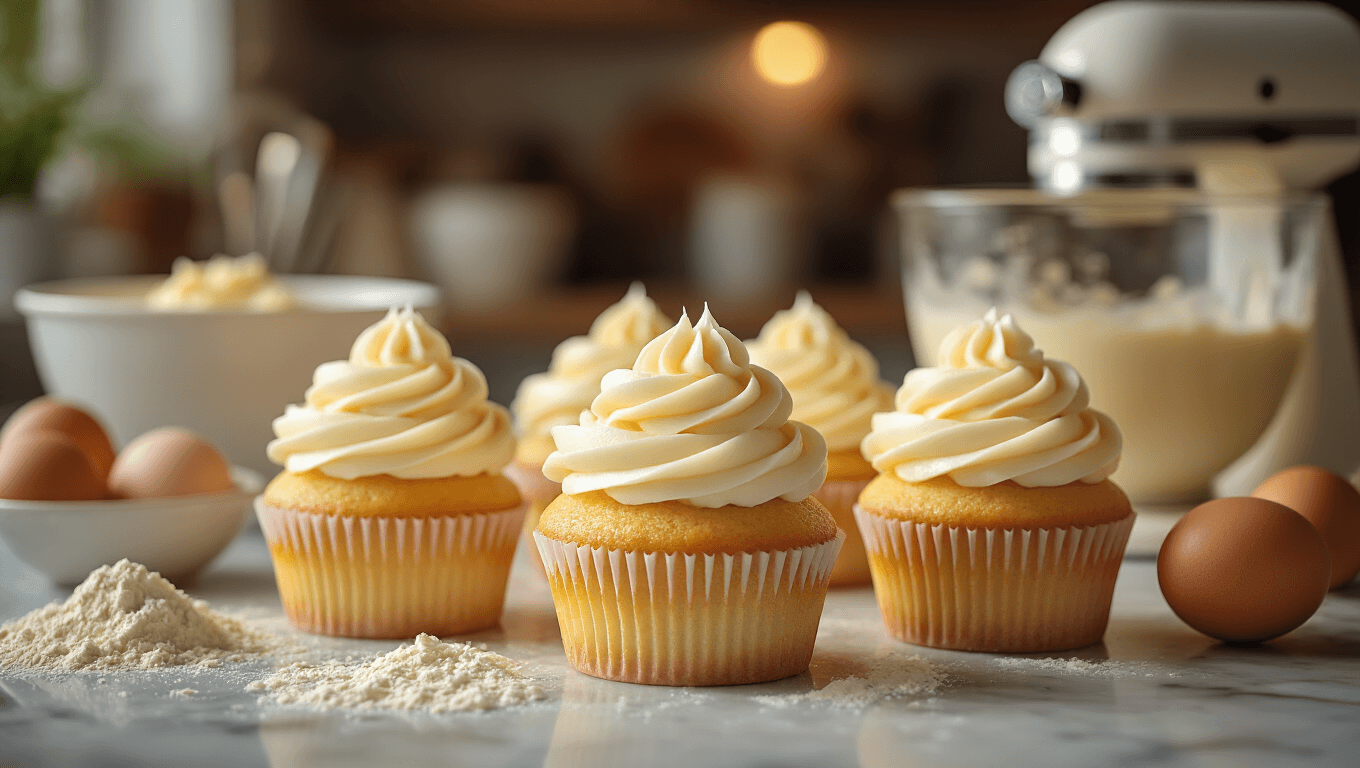 Cinematic close-up of golden vanilla cupcakes with ivory buttercream swirls on a marble countertop, surrounded by scattered flour, mixing bowls, and baking ingredients, bathed in warm kitchen lighting and a cozy atmosphere.