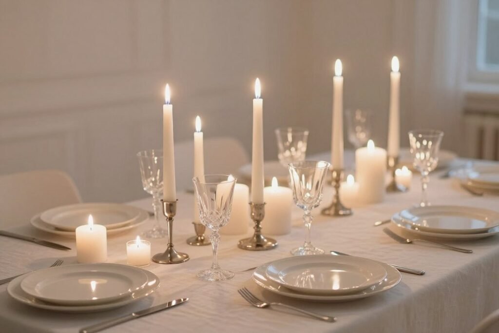 white luxury birthday dinner table with multiple candles creating elegant ambiance