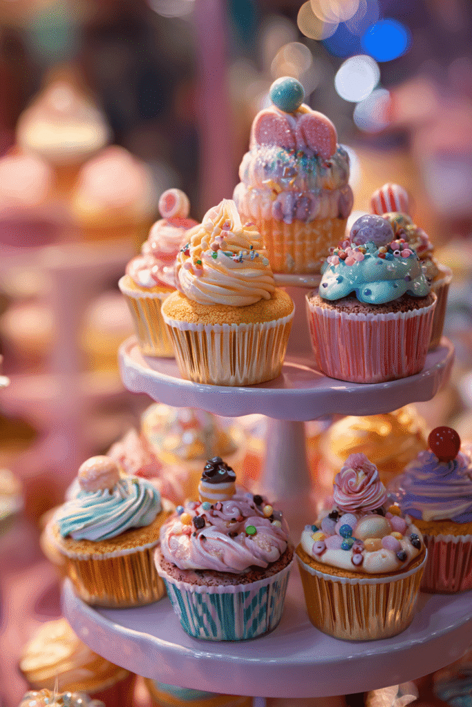 Colorful cupcakes decorated with Willy Wonka themed designs and candies for a birthday party dessert table